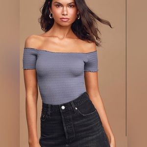 Free People Moulin Ruched Denim Blue Smocked Off-The-Shoulder Top